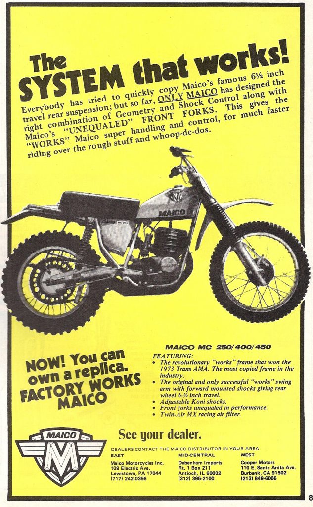 Production Maico of 1974 extolling long travel suspension.