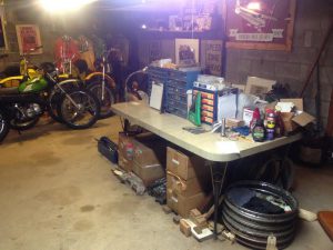 Motorcycle restoration work space.